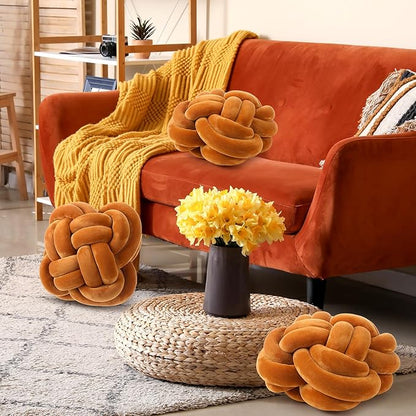 2 Pcs Knot Pillow Balls Set, 12 Inch Soft Decorative Throw Knot Pillow Ball, Large Square Knotted Floor Cushion for Living Room Bedroom Sofa Couch Bed Home Decoration(Caramel Brown)
