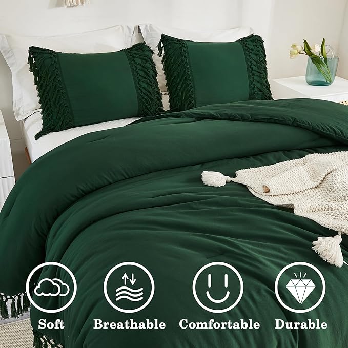 Andency Emerald Comforter Set California King, 3 Pieces Boho Tassel Lightweight Soft Bedding Comforter Sets for King Bed, All Season Fluffy Fringe Bed Set (104x96In Comforter & 2 Pillowcases)
