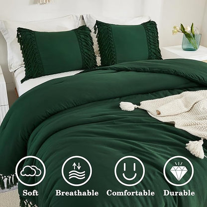 Andency Emerald Comforter Set California King, 3 Pieces Boho Tassel Lightweight Soft Bedding Comforter Sets for King Bed, All Season Fluffy Fringe Bed Set (104x96In Comforter & 2 Pillowcases)
