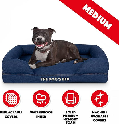 The Dog’s Bed Orthopedic Memory Foam Dog Bed with Bolsters, Oxford Fabric, Blue Denim, M