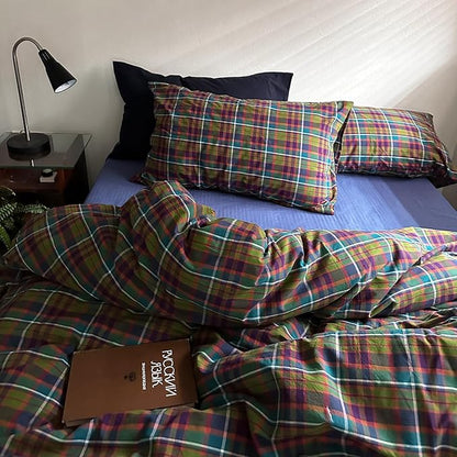mixinni Vintage Multicolor Gingham Comforter Set King Size - 100% Washed Cotton 3-Piece Retro Plaid Pattern Bedding Set (1 Comforter + 2 Pillowcases), All-Season Lightweight & Breathable