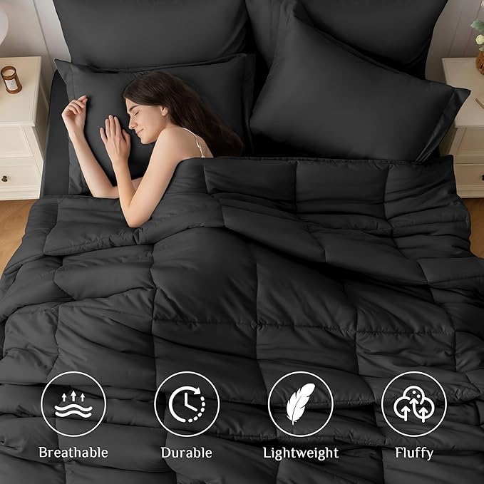 JOLLYVOGUE Oversized Queen Comforter Set, Ultra-Soft Bed in a Bag Oversized Queen Size 7 Pieces, Oeko-TEX Certified Bedding Set with Down Alternative Comforter, Sheets, Pillowcases & Shams, Black