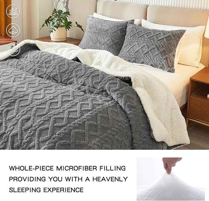 Joyreap 3-Piece Fluffy Faux Fur Sherpa Comforter Set Gray, Twin Size Luxury Tufted Bedding Comforter Set, All Season Soft n Cozy Plush Comforter Bed Set- 68x86 inches