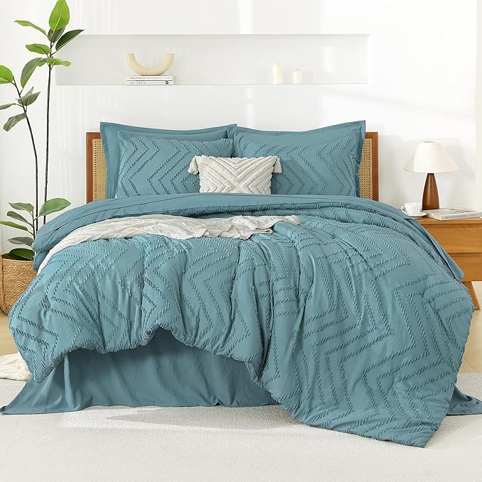 Litanika Grayish Teal King Size Comforter Set with Sheets - 7 Pieces Bed in a Bag King Boho Tufted Complete Bedding Sets with Comforter, Sheets, Pillowcases & Shams