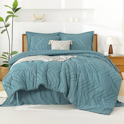 Litanika Grayish Teal King Size Comforter Set with Sheets - 7 Pieces Bed in a Bag King Boho Tufted Complete Bedding Sets with Comforter, Sheets, Pillowcases & Shams