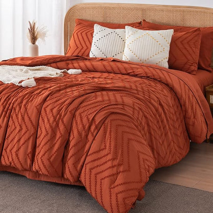 Litanika Oversized Queen Size Comforter Set with Sheets Burnt Orange - 7 Pieces Bed in a Bag Oversized Queen Boho Tufted Complete Bedding Sets with Comforter, Sheets, Pillowcases & Shams