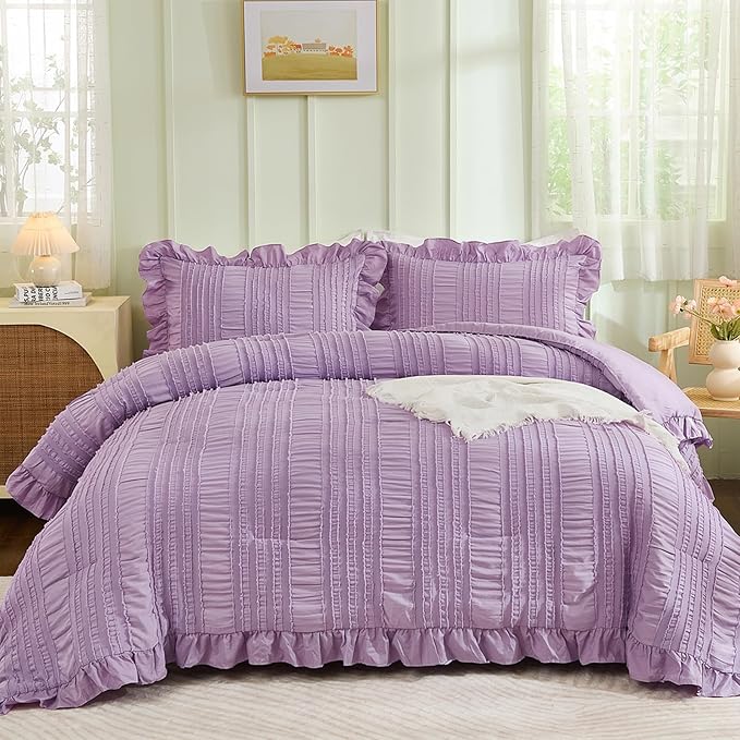 WONGS BEDDING Purple Comforter Set Queen,3 Pieces Ruffle Farmhouse Shabby Chic Comforter for Queen Bed,Soft Seersucker Textured Boho Bedding Set with 1 Ruffle Comforter,2 Tufted Pillowcases 90"×90"