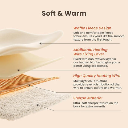 Heated Blanket Electric Blanket Full Waffle,72x84 Inches Sherpa Fleece Fast Heating Blanket 6 Heating Levels & 10 Hours Auto Off ETL Certification, Caramel Full