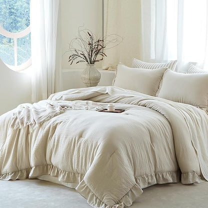 Beige Ruffle Comforter Set Queen, Pre-Washed Shabby Chic Bedding Set, Lightweight Cottagecore Soft Romantic Cozy 1 Comforter & 2 Shams, All-Season