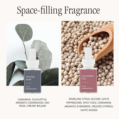 Pura - Smart Home Fragrance Device Starter Set - Pura 4 - Scent Diffuser for Home - Includes Fragrance Aroma Diffuser - Square Box, Winter Noir and Cranberry Fizz Scent Refills