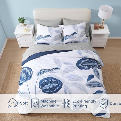 WRENSONGE Queen Comforter Set- 7 Pieces Blue Tropical Leaves Soft Bedding Sets, Coastal Bed in a Bag, Botanical Printed Comforter with Sheets for All Season