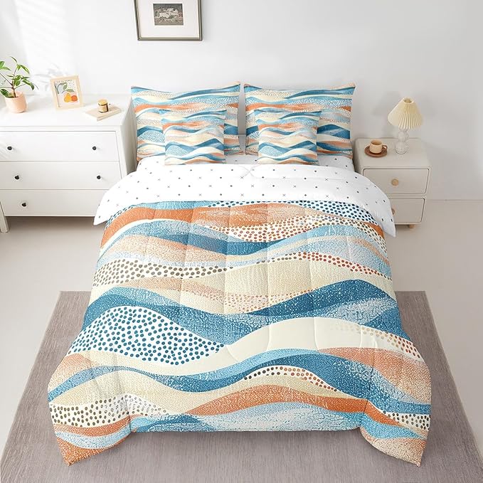 Erosebridal Geometric Wave Bed in a Bag 7-Piece Blue Beige Orange Bedding Set, Black Polka Dots King Size Comforter Set Modern Abstract Art Bedding Comforter Sets, Vintage Minimalist Bed Set