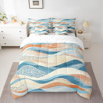 Erosebridal Geometric Wave Bed in a Bag 7-Piece Blue Beige Orange Bedding Set, Black Polka Dots King Size Comforter Set Modern Abstract Art Bedding Comforter Sets, Vintage Minimalist Bed Set