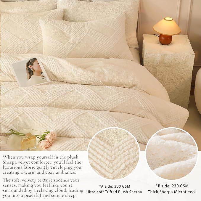 Tufted Boho Comforter Set Queen - White Fluffy Sherpa Bedding Set, Soft Fuzzy Jacquard Quilt Set, 3 Pieces Cozy Bed Set Warm Comforter for Winter(90"X90")