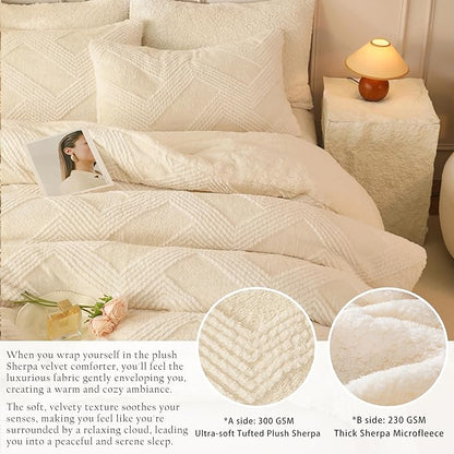 Tufted Boho Comforter Set Queen - White Fluffy Sherpa Bedding Set, Soft Fuzzy Jacquard Quilt Set, 3 Pieces Cozy Bed Set Warm Comforter for Winter(90"X90")