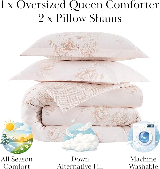 Southshore Fine Living, Inc. Comforter Full Size Set, Down Alternative Floral Comforter with Matching Shams, Reversible Print is 2 Colors in 1, Fits Full & Queen Beds, Taupe & White