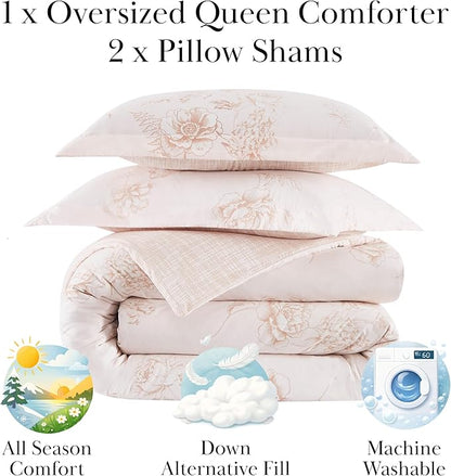 Southshore Fine Living, Inc. Comforter Full Size Set, Down Alternative Floral Comforter with Matching Shams, Reversible Print is 2 Colors in 1, Fits Full & Queen Beds, Taupe & White