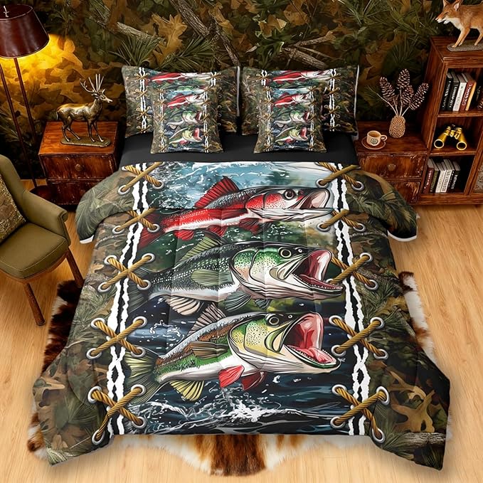 Camo Bedding Set Queen Bass Pike Fish Bed in a Bag Queen Comforter Set 7 Piece | Mens Hunting Country Comforter and Sheet Set, Woodland Animals Camouflage Cabin Bed Sets,Rustic Farmhouse Decor