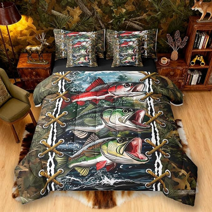 Camo Bedding Set Queen Bass Pike Fish Bed in a Bag Queen Comforter Set 7 Piece | Mens Hunting Country Comforter and Sheet Set, Woodland Animals Camouflage Cabin Bed Sets,Rustic Farmhouse Decor