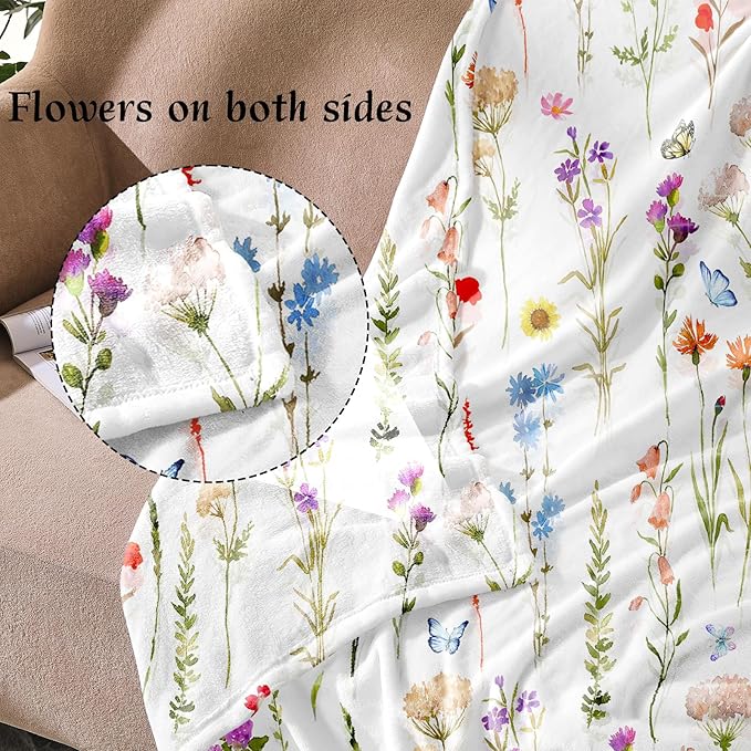 Floral Throw Blanket Birthday Gift for Women Mom Girls Colorful Flowers Blanket Summer Wildflower Flannel Blanket Watercolor Printed Throw for Couch Sofa Bed Chair 50"x60"
