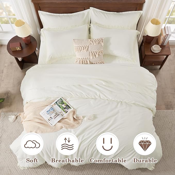 Andency Oversized King Comforter Set with Sheets 128x120 Ivory - 7 Pieces Bed in a Bag Boho Soft Lightweight Bedding Sets, Tassel Bed Set with Comforter, Sheets, Pillowcases & Shams