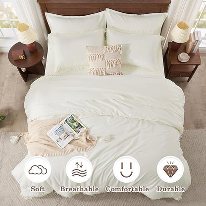 Andency Oversized King Comforter Set with Sheets 128x120 Ivory - 7 Pieces Bed in a Bag Boho Soft Lightweight Bedding Sets, Tassel Bed Set with Comforter, Sheets, Pillowcases & Shams