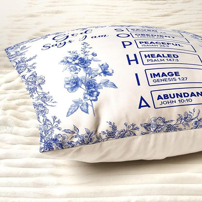 Macorner Personalized Pillow, God Says I Am Name Letter in Bible Toile De Jouy Style