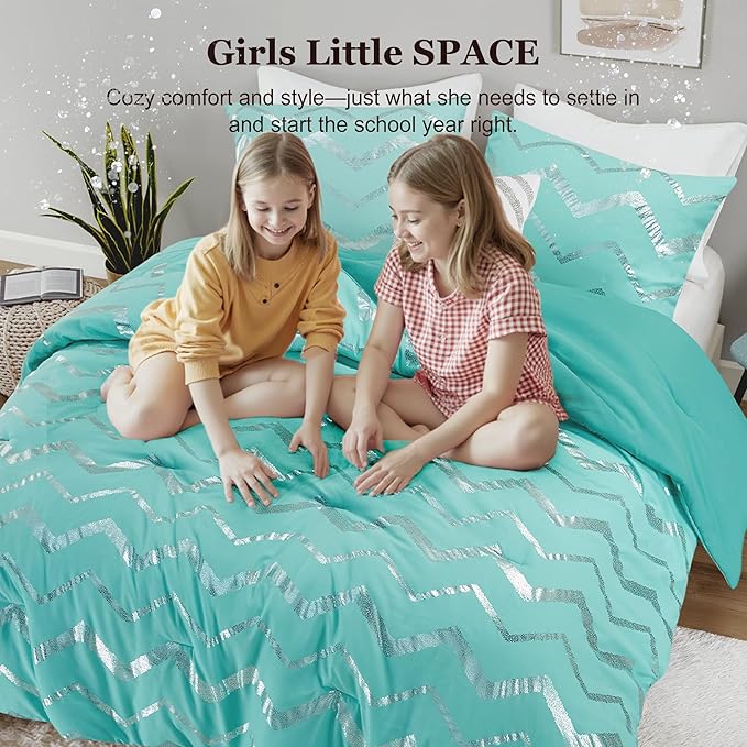 Codi Teen Girls Bedding Sets Twin Size, Teal Blue Bed Comforter Set for College Dorm Girl, 3 Pieces - All Seasons Warm