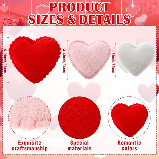 Bucherry 3 Pcs Valentine's Day Heart Throw Pillows, Red White Pink Heart Pillow Soft Decorative Back Cushion for Girls Women Bed Sofa Valentines Wedding Gifts Home Decor(Teddy Velvet,Ruffed Style)