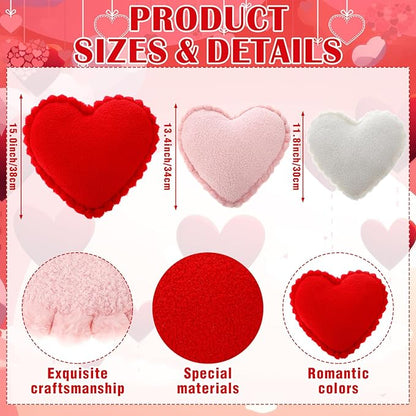 Bucherry 3 Pcs Valentine's Day Heart Throw Pillows, Red White Pink Heart Pillow Soft Decorative Back Cushion for Girls Women Bed Sofa Valentines Wedding Gifts Home Decor(Teddy Velvet,Ruffed Style)