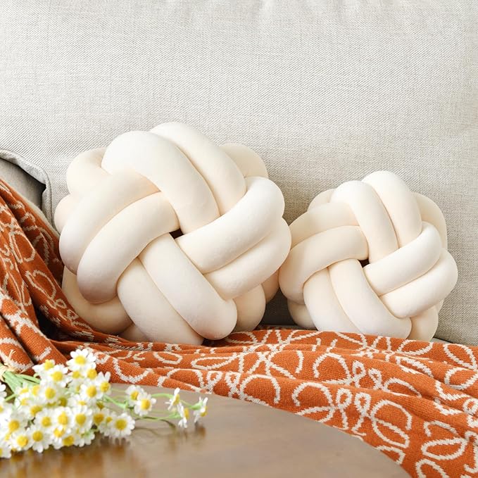 Knot Ball Pillow, Round Decorative Throw Pillows Cushion, 11 Inch Beige Soft Plush Knotted Pillows Pillow, Modern Home Throw Knot Decorative Cushion