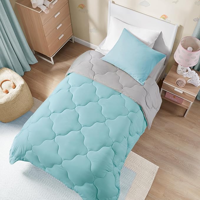 Comfort Spaces Vixie Reversible Comforter Set - Trendy Casual Geometric Quilted Cover, All Season Down Alternative Cozy Bedding, Matching Sham, Aqua/Gray, Twin/Twin XL 2 piece