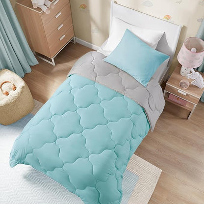 Comfort Spaces Vixie Reversible Comforter Set - Trendy Casual Geometric Quilted Cover, All Season Down Alternative Cozy Bedding, Matching Sham, Aqua/Gray, Twin/Twin XL 2 piece