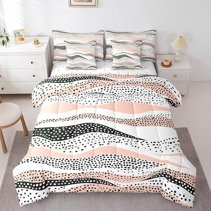 Erosebridal Geometric Wave Twin Comforter Set 7 Pieces Girls Black White Pink Bedding Comforter Sets, Black Polka Dots Bed in a Bag Modern Abstract Art Bedding Set, Vintage Minimalist Bed Sheets Set