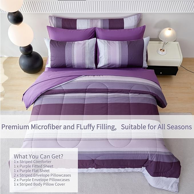 RYNGHIPY Purple Striped Bed in a Bag Queen Size, Lightweight Soft Down Alternative Comforter Set for Men and Boys,8 Pieces Comforter Bedding Set with Sheets Pillowcases (Queen,Purple Grey)