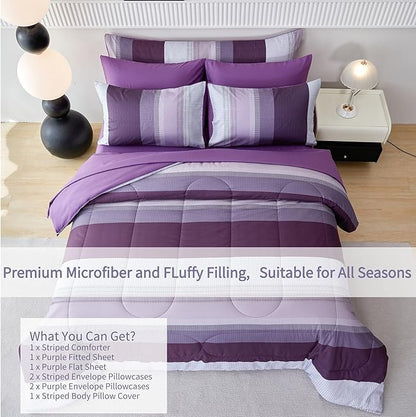 RYNGHIPY Purple Striped Bed in a Bag Queen Size, Lightweight Soft Down Alternative Comforter Set for Men and Boys,8 Pieces Comforter Bedding Set with Sheets Pillowcases (Queen,Purple Grey)
