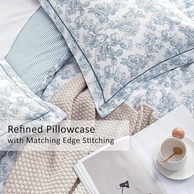 Vintage Cotton Comforter Twin Size 2Pcs - Elegant Pale Slate Blue Floral Pattern on White with Light Blue & White Striped Reverse, Luxurious Lightweight Bedding Sets with Soft Fill(68"×90")