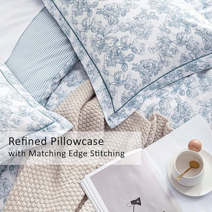 Vintage Cotton Comforter Twin Size 2Pcs - Elegant Pale Slate Blue Floral Pattern on White with Light Blue & White Striped Reverse, Luxurious Lightweight Bedding Sets with Soft Fill(68"×90")