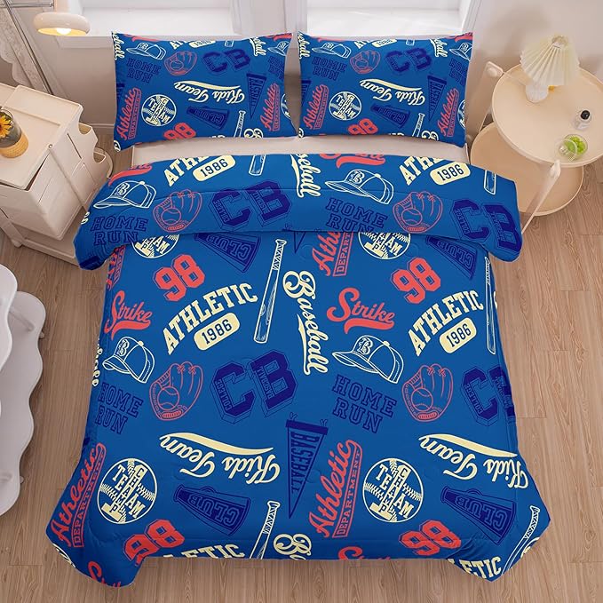 MWMWMW Boys Baseball Comforter Set Queen, 3-Piece Blue Baseball Sports Bedding Set for Kids Boys with 2 Pillowcases, All-Season Use