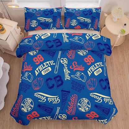 MWMWMW Boys Baseball Comforter Set Queen, 3-Piece Blue Baseball Sports Bedding Set for Kids Boys with 2 Pillowcases, All-Season Use