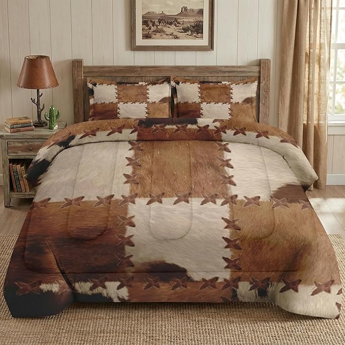Queen Size Comforter Set with 2 Pillowcases, Retro Vintage Rustic Cow Print Soft 3 Pcs Bedding for Kids and Adults Bedroom Bed Decor