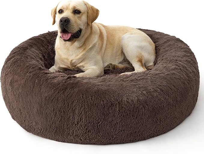 Bedsure Calming Dog Bed for Extra Large Dogs - 45in Donut Washable Large Pet Bed, Anti-Slip ＆Removable Cover,420GSM Round Anti-Anxiety Fluffy Plush Faux Fur, Fits up to 100lbs Pets,Plus Version