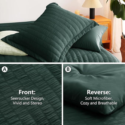 CozyLux King Size Comforter Set Forest Green Seersucker 7 Pieces Bed in a Bag King Comforter Set with Sheets, Luxury Bedding Set with Down Alternative Comforter, Sheets, Pillowcases & Shams All Season