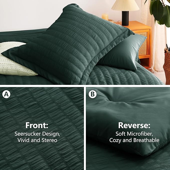CozyLux Oversized Queen Comforter Set Forest Green Seersucker 7 Pieces 98x98 Bed in a Bag Comforter Set with Sheets, Luxury Bedding Sets with Down Alternative Comforter, Sheets, Pillowcases & Shams