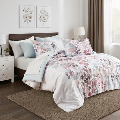 Full Comforter Set Blush Bed Set, 9 Pieces Cute Floral Bedding Set Ultra Soft Botanical Flowers Comforter, Sheets, Pillowcases & Shams