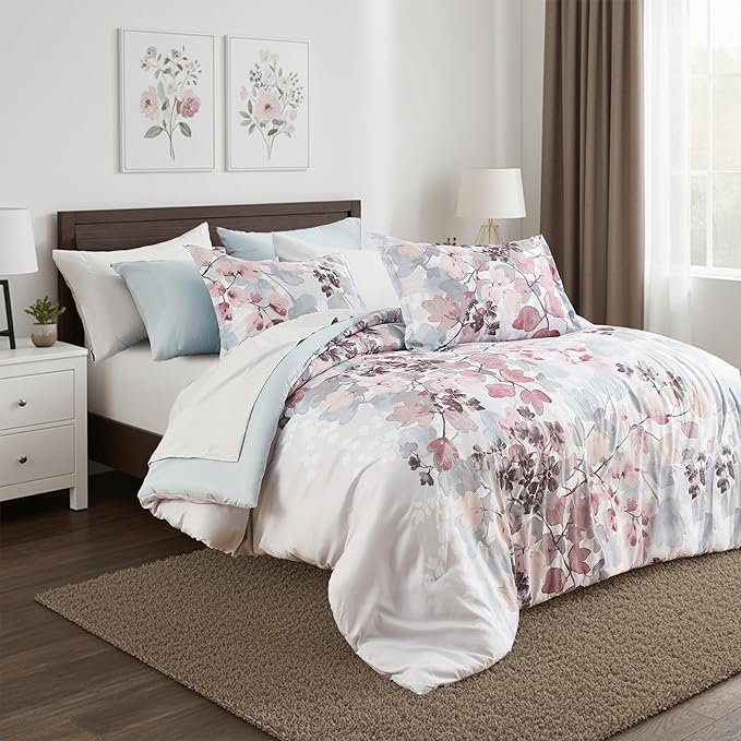 Queen Comforter Set Blush Bed Set, 9 Pieces Cute Floral Bedding Set Ultra Soft Botanical Flowers Comforter, Sheets, Pillowcases & Shams
