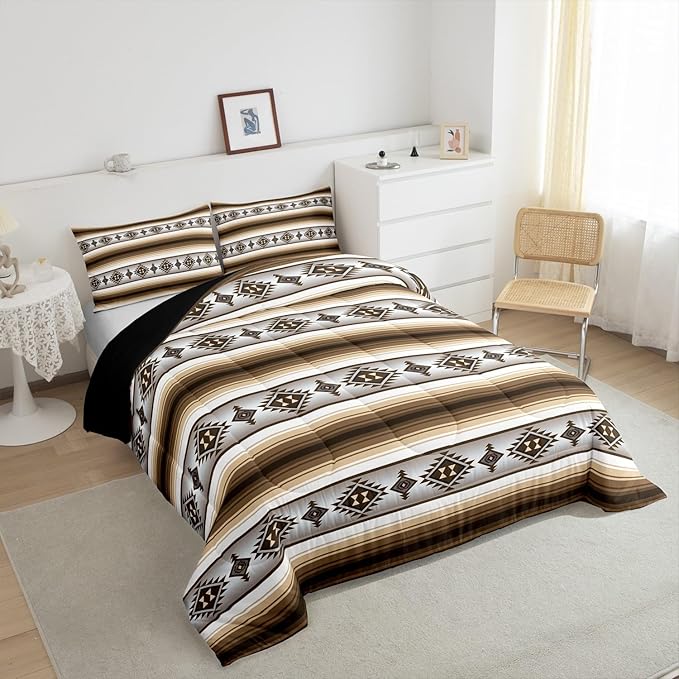 Erosebridal Rustic Lodge Cabin Comforter Set Toddler Western Boho Bedding Sets Bohemian Striped Aztec Quilt Comforter for Kids Adults Men Retro Brown Country Bed Set Farmhouse Home Decor 2 Pcs