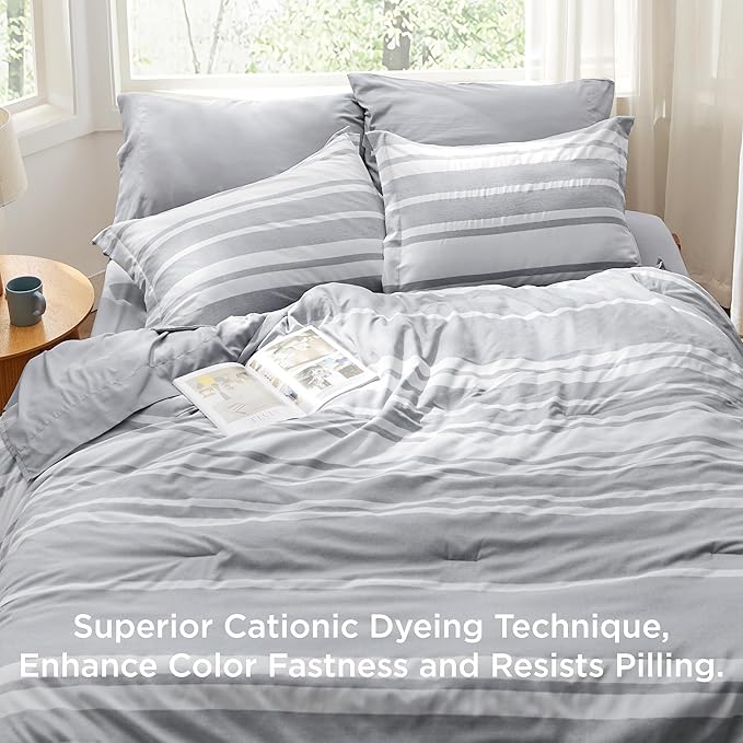 Bedsure King Comforter Set 7 Pieces, Grey Striped Bedding Set for All Seasons, Reversible, Cationic Dyeing Bed in a Bag with Comforter, Sheets, Pillowcases & Shams
