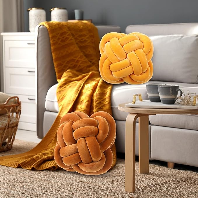2 Pcs Knot Pillow Balls Set, 12 Inch Soft Decorative Throw Knot Pillow Ball, Large Square Knotted Floor Cushion for Living Room Bedroom Sofa Couch Bed Home Decoration (Caramel Brown, Turmeric)
