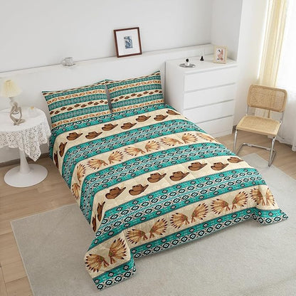 Feelyou Yellow Green Western Decor Bedding Set Southwestern Comforter Set Room Decor Cowboy Hat Feather Print Wild Western Cowboy Geometric Comforter Toddler Size Tribal Duvet Set 2Pcs
